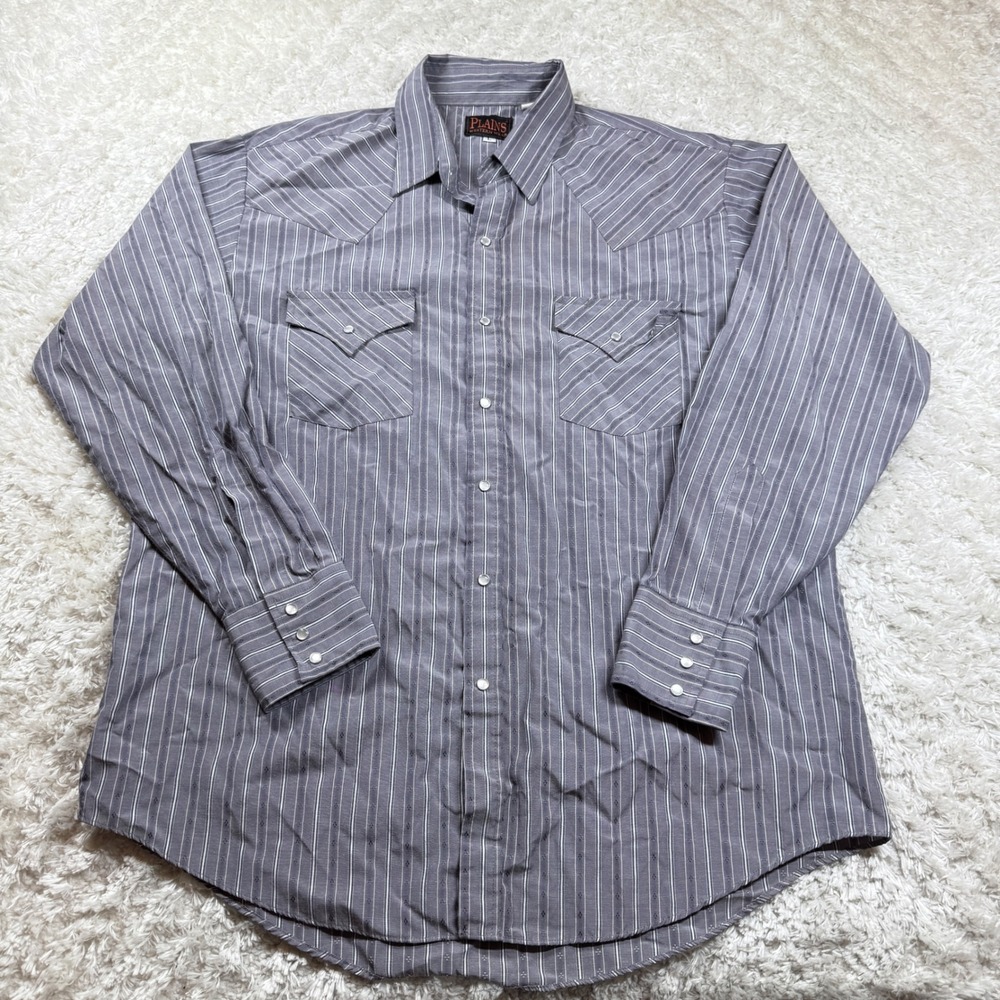 Plains Shirt Men's Large Western Wear Gray Striped Pearl Snap Cowboy Rodeo Work